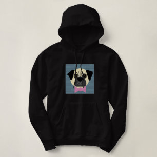 Camiseta Pug Castanho, Gravata Borboleta Rosa, Tijolo Azul