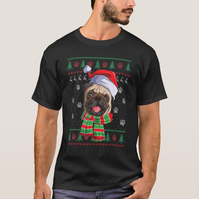 Camiseta Pug Christmas Lights Santa Hog Ugly Sweater (Frente)