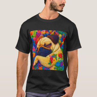 Camiseta Pug Colorido Bordado Dormindo em Fantasia Floral