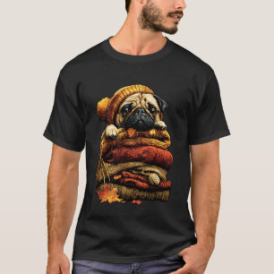 Camiseta Pug Colorido Descansando com Folhas de Outono Acon