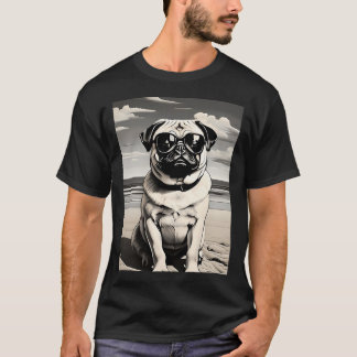 Camiseta Pug com óculos de sol na praia