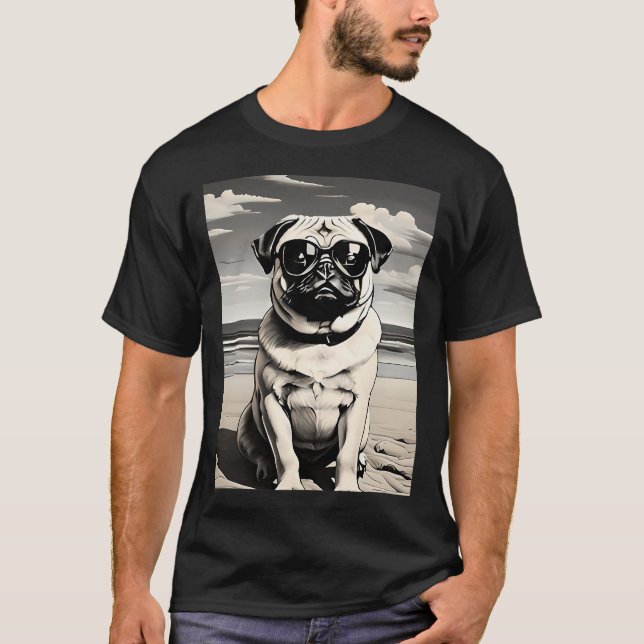 Camiseta Pug com óculos de sol na praia (Frente)