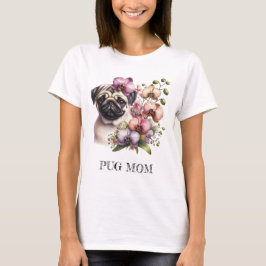 Camiseta Pug com Orquídea, aquarela,