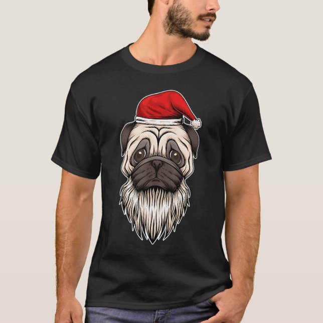 Camiseta Pug de Barba de Natal Com Chapéu do Papai Noel (Frente)