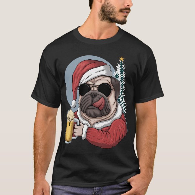 Camiseta Pug de Natal Bebendo Cerveja (Frente)