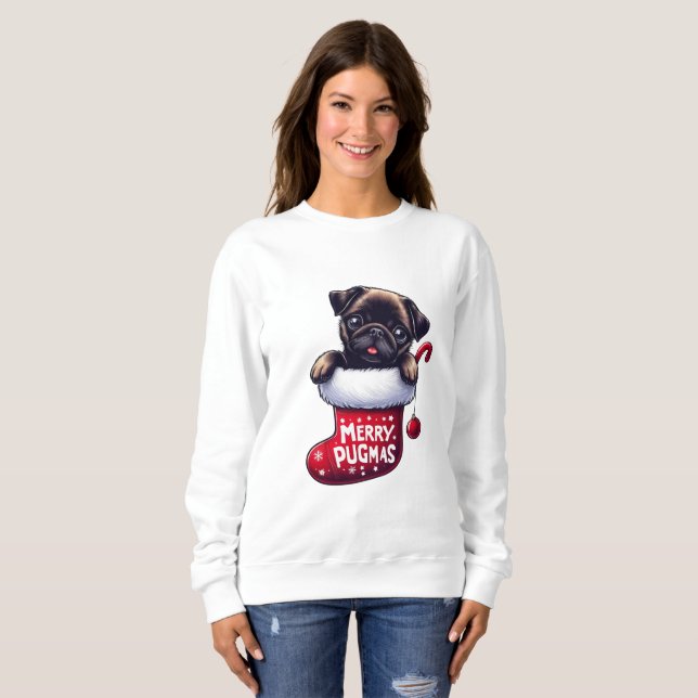 Camiseta Pug de Natal "Feliz Pugmas" bonito (Frente Completa)