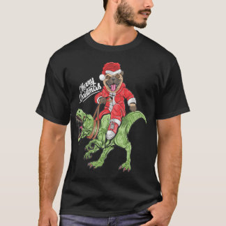 Camiseta pug de natal papai noel montado em dinossauro rex