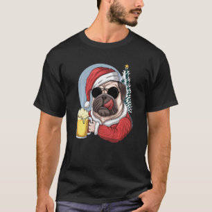 Camiseta Pug de Natal Pug engraçado com cerveja Feliz Natal