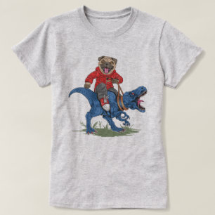 Camiseta Pug Dirigindo Um Dinossauro