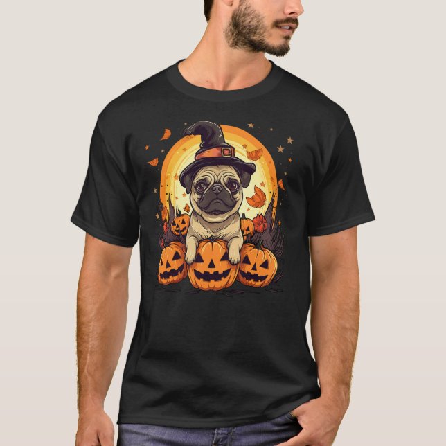 Camiseta Pug Dog Breed Pet Halloween Pumpkins (Frente)