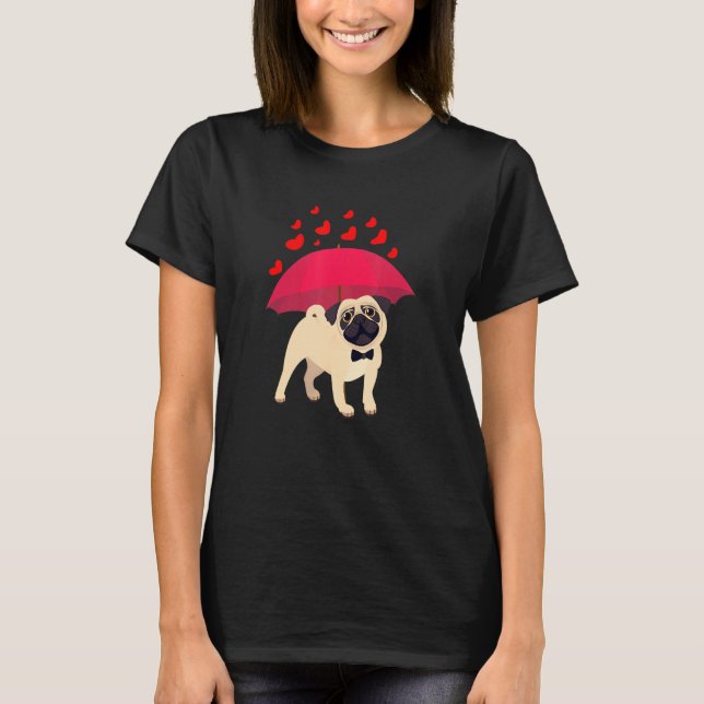 Camiseta Pug Dog Hearts Umbrella Dia de os namorados (Frente)
