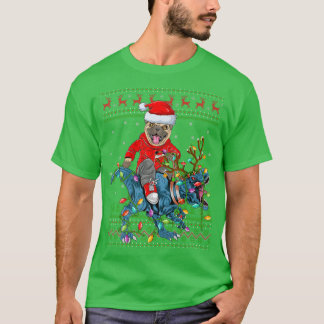 Camiseta Pug Dog Lover Ugly Xmas Lights Pug Ringue Dinossau