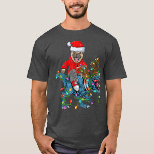 Camiseta Pug Dog Lover Xmas Luzes Pug Riding Dinosaur Chri