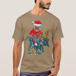 Camiseta Pug Dog Lover Xmas Luzes Pug Riding Dinosaur Chri