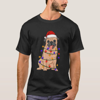 Camiseta Pug Dog Wearing Christmas Hat Lights
