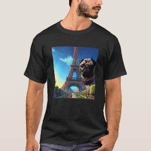 Camiseta Pug Eiffel Tower França Paris Homens Mulheres Meni