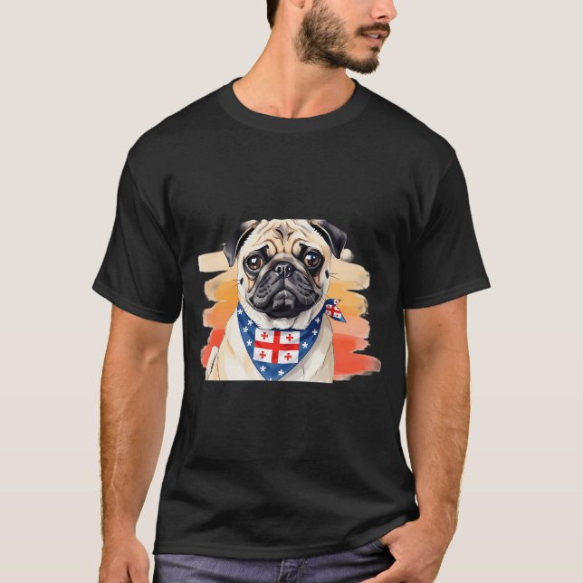 Camiseta Pug em Aquarela com Lenço da Geórgia (Frente)