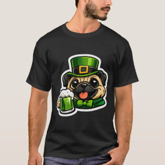 Camiseta Pug engraçado bebendo cerveja verde Leprechaun no 