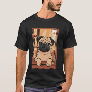Camiseta Pug Espiando pela Janela. Amante de Cachorro