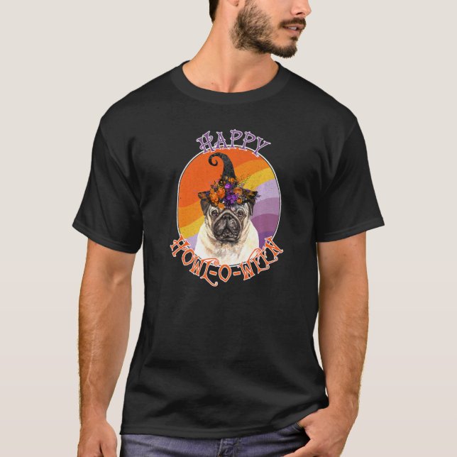 Camiseta Pug Feliz Uivo O Ween Cachorro de Halloween (Frente)