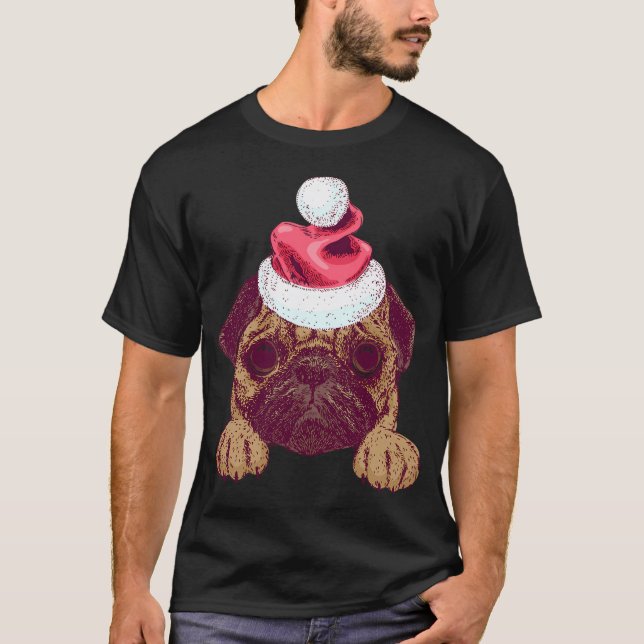 Camiseta Pug Fofo com Chapéu de Natal de Papai Noel (Frente)