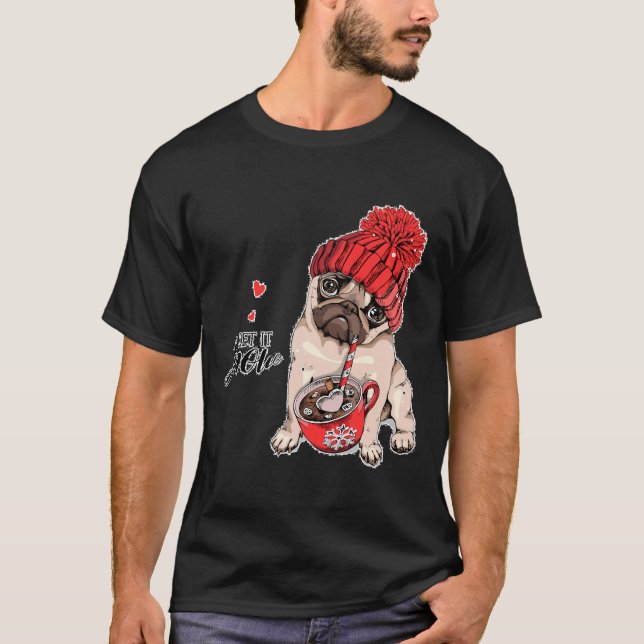 Camiseta Pug Fofo Com Haf Tricô E Café (Frente)