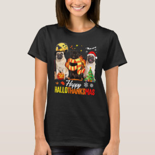 Camiseta Pug Fofo Feliz Hallothanksmas Dia das Bruxas Ação