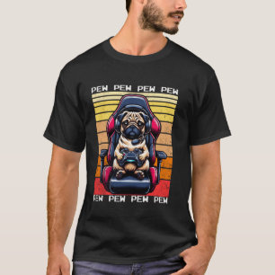 Camiseta Pug Gamer Pew Divertidos Jogos de Vídeo Vintage Ra