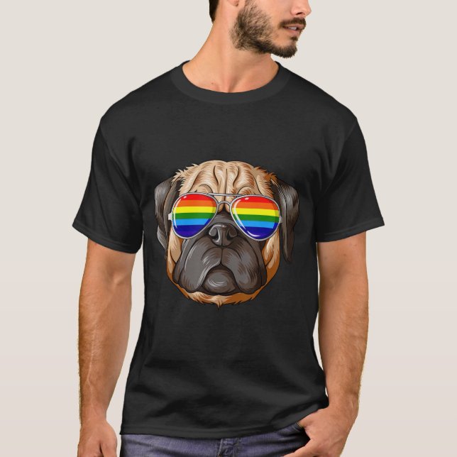 Camiseta Pug Gay Pride Flag LGB Rainbow Sunglasses Pug (Frente)