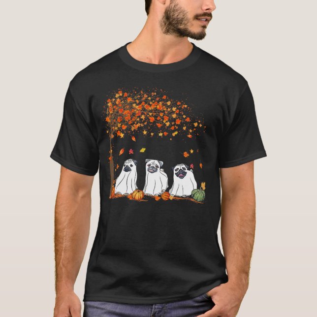 Camiseta Pug Ghost Cute Under Fall Tree Halloween Autumn Do (Frente)