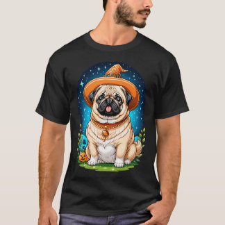 Camiseta "Pug Gordinho com Chapéu de Bruxa Série de Arte de