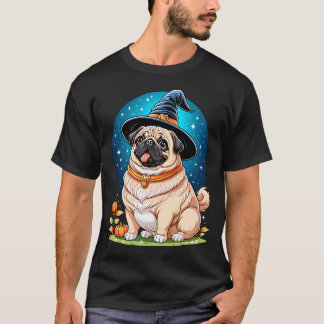 Camiseta "Pug Gordinho com Chapéu de Bruxa Série de Arte de