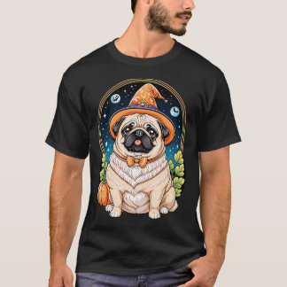Camiseta "Pug Gordinho com Chapéu de Bruxa Série de Arte de