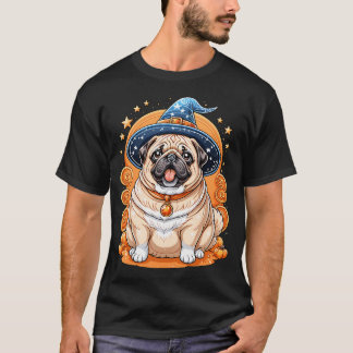Camiseta "Pug Gordinho com Chapéu de Bruxa Série de Arte de