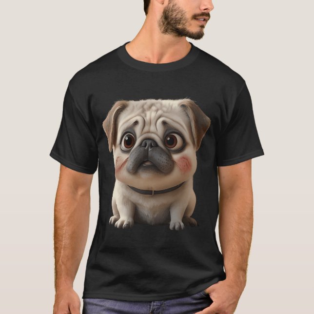 Camiseta Pug Gordinho Sentado Renderizado em 3D (Frente)