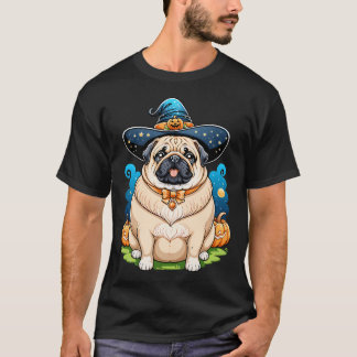 Camiseta "Pug Gorducho com Chapéu de Bruxa Série de Arte de