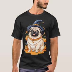 Camiseta "Pug Gorducho de Chapéu de Bruxa Série de Arte de