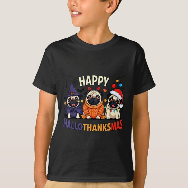 Camiseta Pug Halloween Thanksgiving Christmas Happy Halloth (Frente)