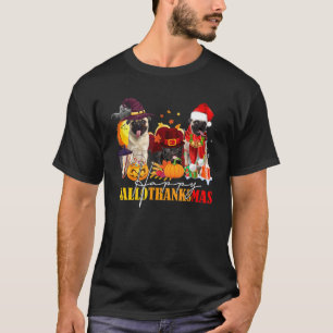 Camiseta Pug Happy Hallothanksmas Halloween Ação de Graças