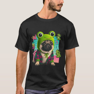 Camiseta Pug hispter com um chapéu de rã em cima
