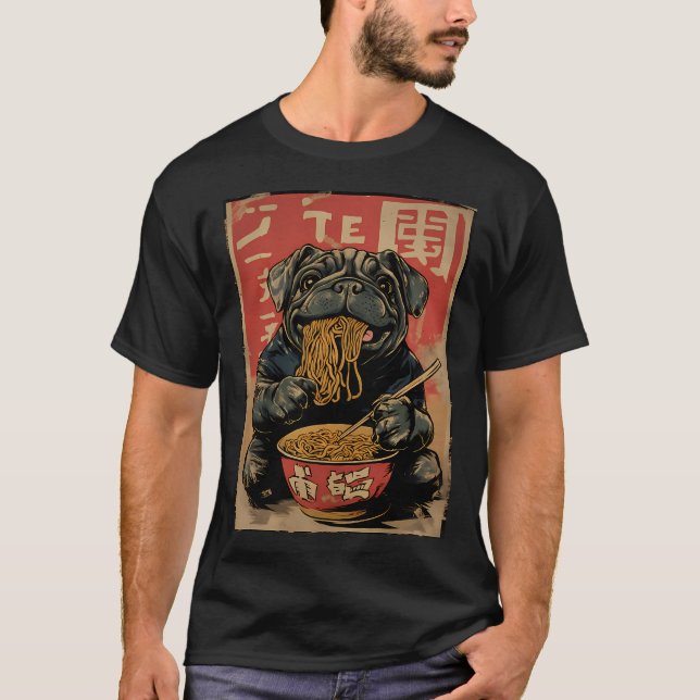 Camiseta Pug Japonês Antigo Comendo Ramen (Frente)