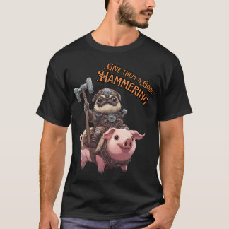 Camiseta Pug Kawaii de Armadura Montando Porco com Martelo