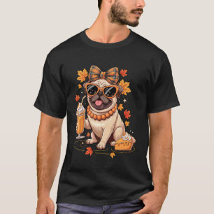 Camiseta Pug Laço Garotas Mulheres Outono Folhas de Ação de