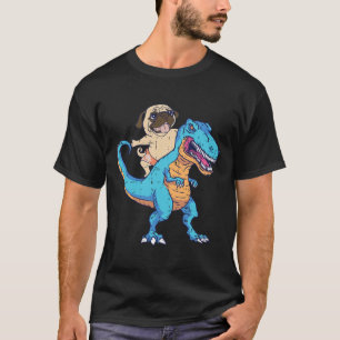 Camiseta Pug Montando T-rex Surfando Dinossauro Amante de C