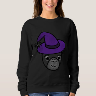 Camiseta Pug Negro com Chapéu de Bruxa Roxo e Amigo de Aran