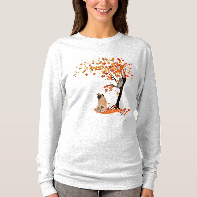 Camiseta Pug Owl E Fall Tree Pug Proprietário Funny Pug Aut (Frente)