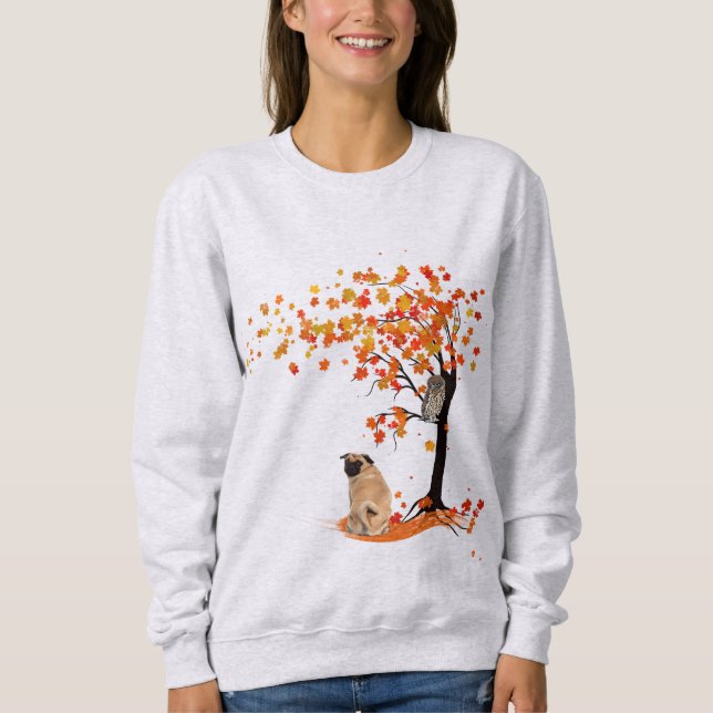 Camiseta Pug Owl E Fall Tree Pug Proprietário Funny Pug Aut (Frente)
