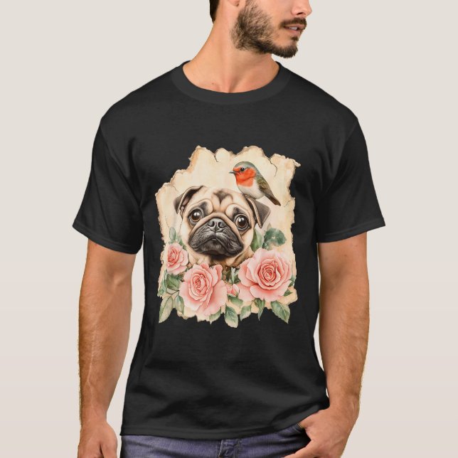 Camiseta Pug pássaro cachorro fofo pug engraçado  (Frente)