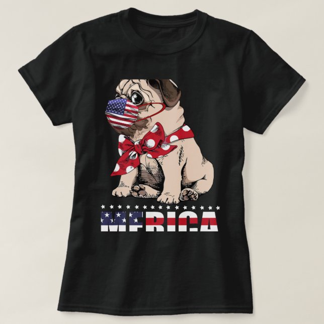 Camiseta Pug Patriótico na Máscara de Bandeira Americana 24 (Frente do Design)