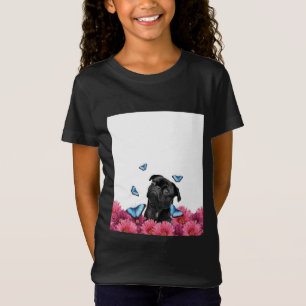 Camiseta Pug Preto Com Borboletas Azuis E Gerberas